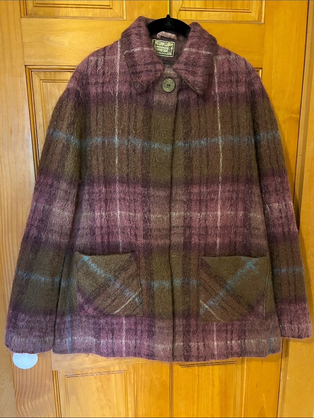 Plaid Wool-Mohair Cape in Plum and Brown